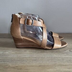 Lucky Brand Tan Leather Wedge Sandals Womens 8M Jenley Summer Boho Classic